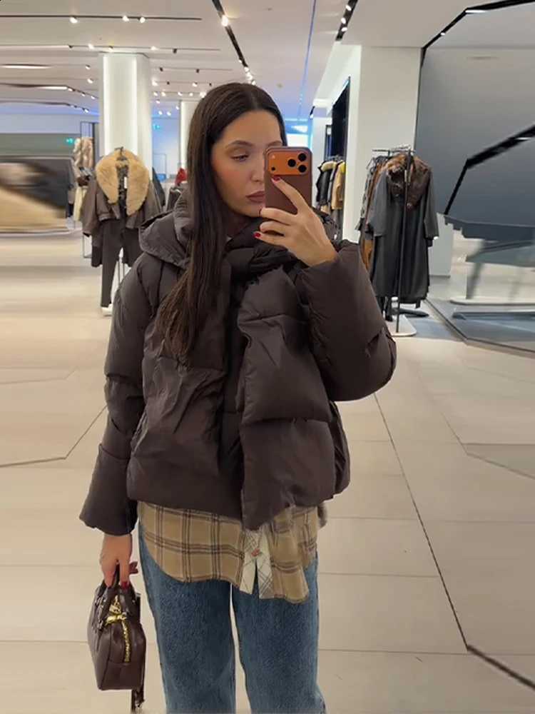 Women's Brown Winter Quilted Jackets Coat With Scarf Cropped Hooded Warm Coats Fashion Streetwear High Street Caual Outerwear H260917