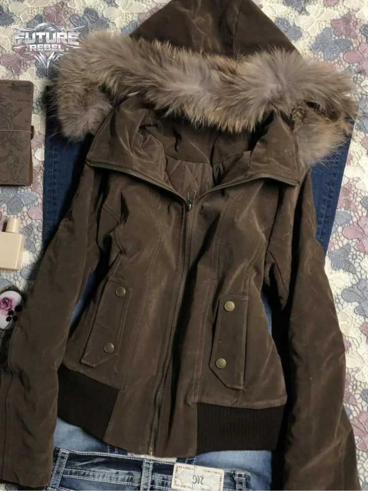 Vintage Brown Faux Fur Hood Parka Jacket Women Winter Thick Padded Short Bomber Coat Retro Ladies Zip Up Slim Fit Warm Outwear H260917