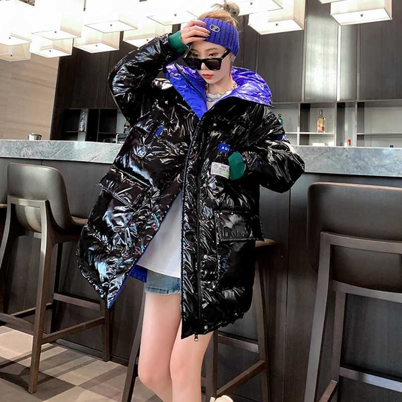 Winter New Padded Down Glossy Jacket Women's Fashion Disposable Korean Style Loose Hooded Color Contrast Cotton-Padded Parkas H260917