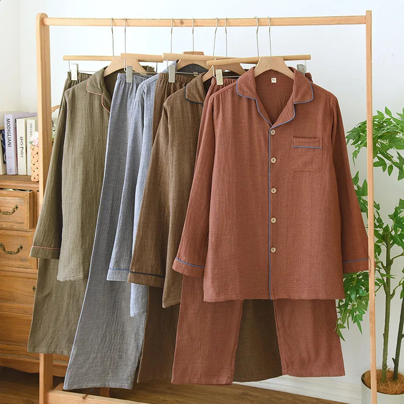 Mens Cotton Doublelayer Yarn Long Sleeved Pants Set Home Clothes Loose Oversized Thin Casual and Simple Pajamas for Men 260918