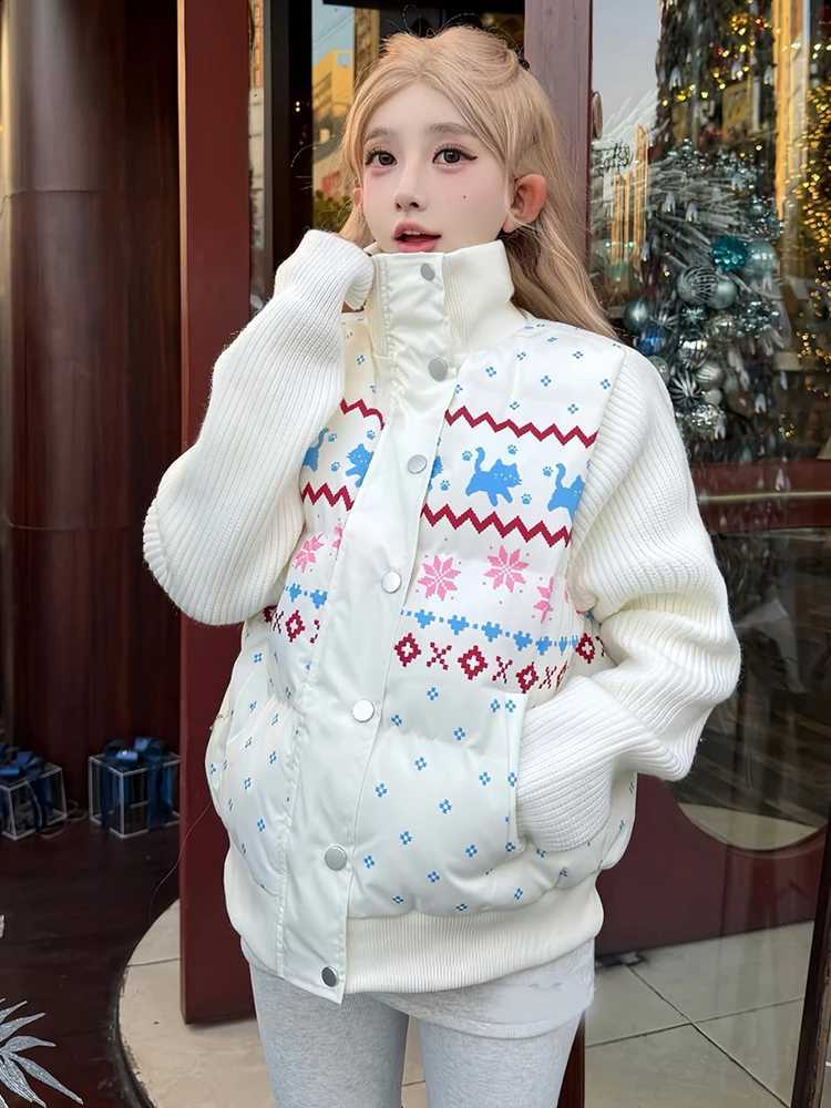 Sweet Print Cute Parkas Women Fashion Knitted Patchwork Thick Warm Cotton Coat Winter Stand Collar Preppy Style Kawaii Jacket H260917