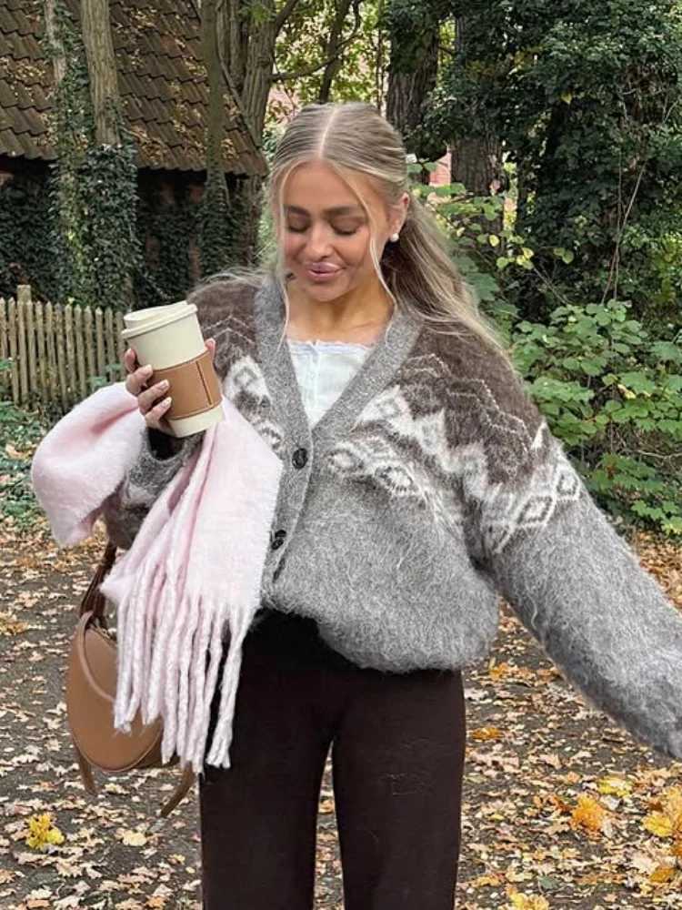Vintage Fair Isle Geometric Jacquard Knit Cardigan V Neck Single Breasted Fluffy Fuzzy Long Sleeve Loose Casual Sweater 260602 S260918S8EA
