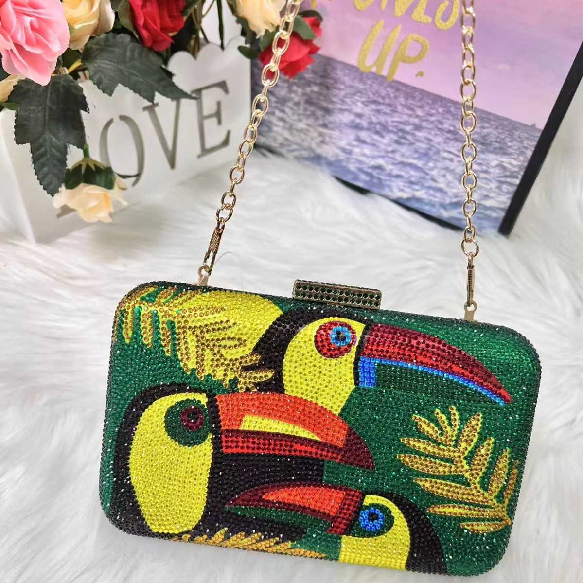 Luxury Designer Womens Evening Clutch Bag Fashion Toucan Bird Rhinestone Crystal Minaudiere Party Wedding Sparkly Shoulder Purses