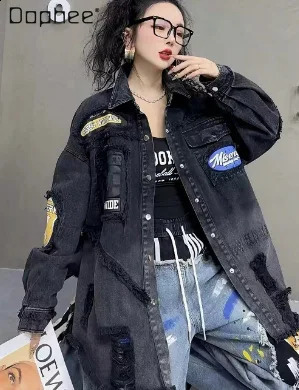 European Casual Coat Womens 2026 Spring Heavy Industry Fashion Embroidery Label Letter Printing Ripped Loose Trendy Jackets 260918