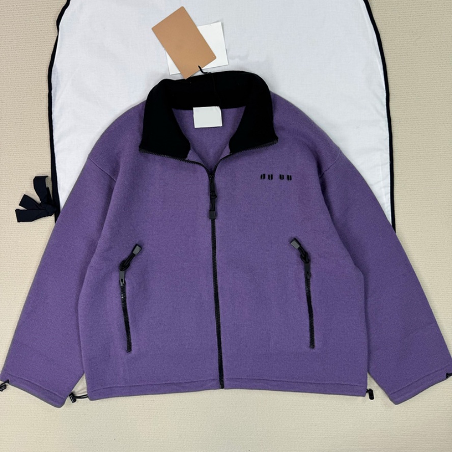 Women Purple Fleece Coats Designer Loose Fit Lapel Neck Zipper Jackets High End Outdoor Sports Color Block Outerwear