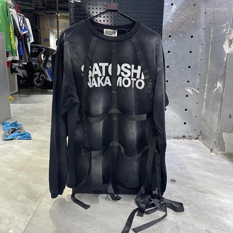 Men's Hoodies Vintage Washed Black Letters Gothic T-Shirt Hip Hop Ribbon Deconstructed Strap Long Sleeve T Shirt