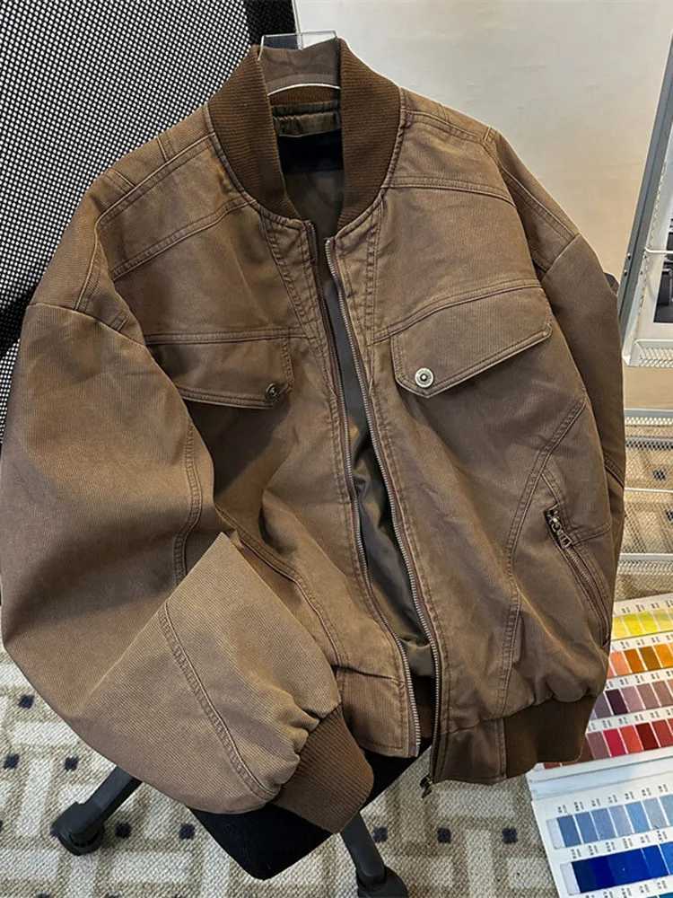 Vintage Brown Workwear Jacket Men's Trendy American Retro Baseball Uniform Loose Fit Youthful Daily Wear Long Slve Zipper S260918WA3G