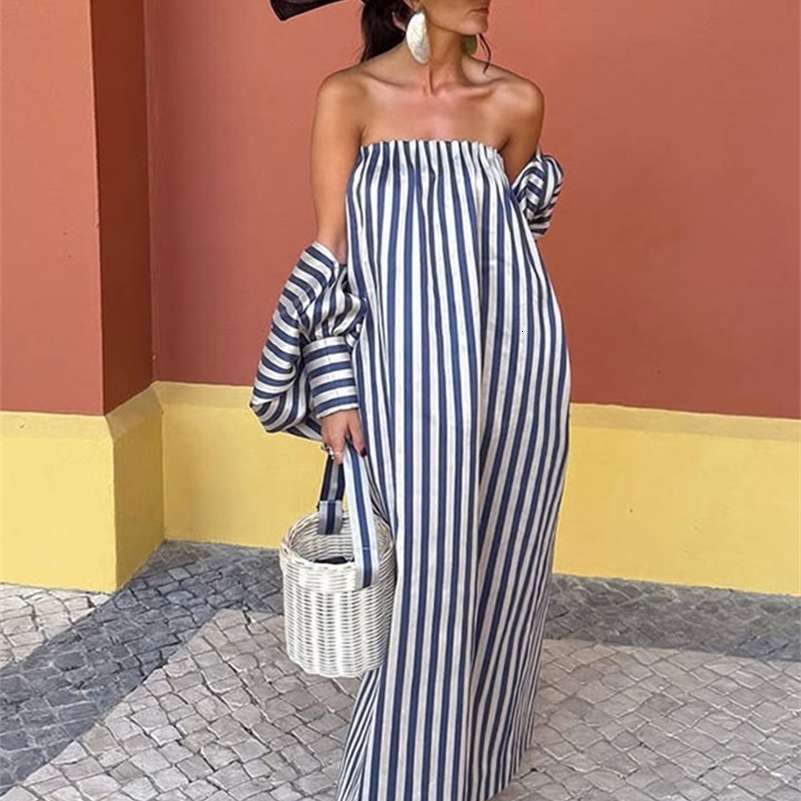 Fashion Stripe Capelet Strapless Dress Set Womens Detachable Shawl Loose Maxi Dresses 2026 Summer Lady Casual Streetwear 260826