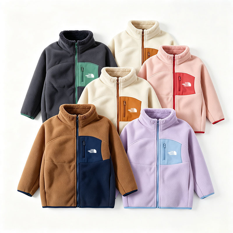 New Designer Unisex Kids Polar Fleece Zipper Jacket Stand Collar Patchwork Thermal Coat Windproof Outdoor Hiking Children Outerwear for 3-12 Years