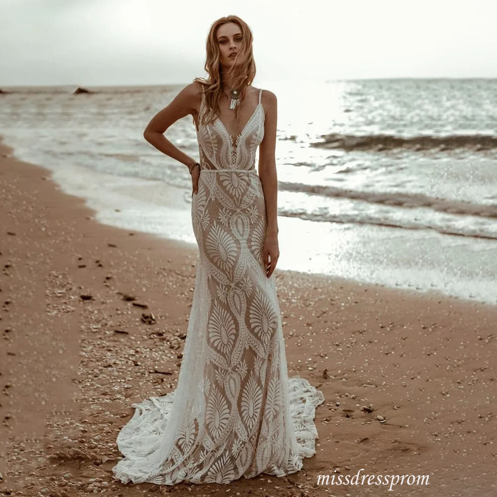 Beach Crochet Lace Wedding Mermaid Spaghetti Straps Backless Bohemian Civil Country Bride Dress Romantic Vestidos De Novia Hippie robes de mariee