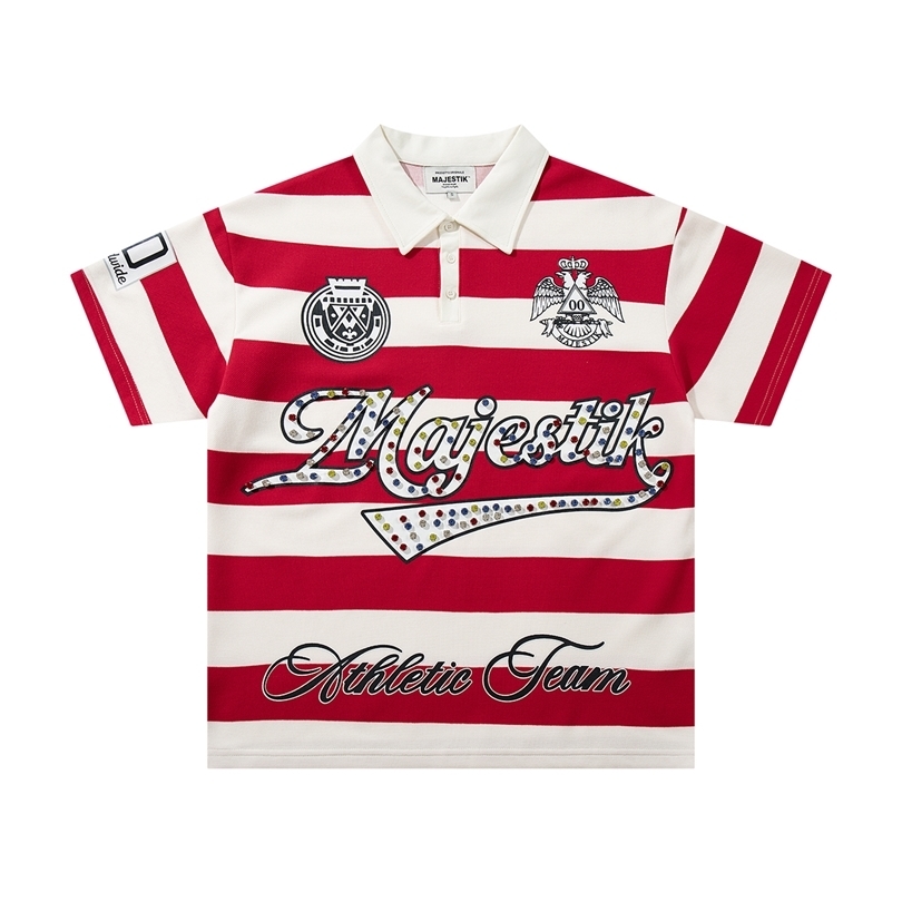 Color Match Striped Shinning Diamon Polo Shirts for Men Patchwork Streetwear High Quality Summer T-shirts Oversized 260917