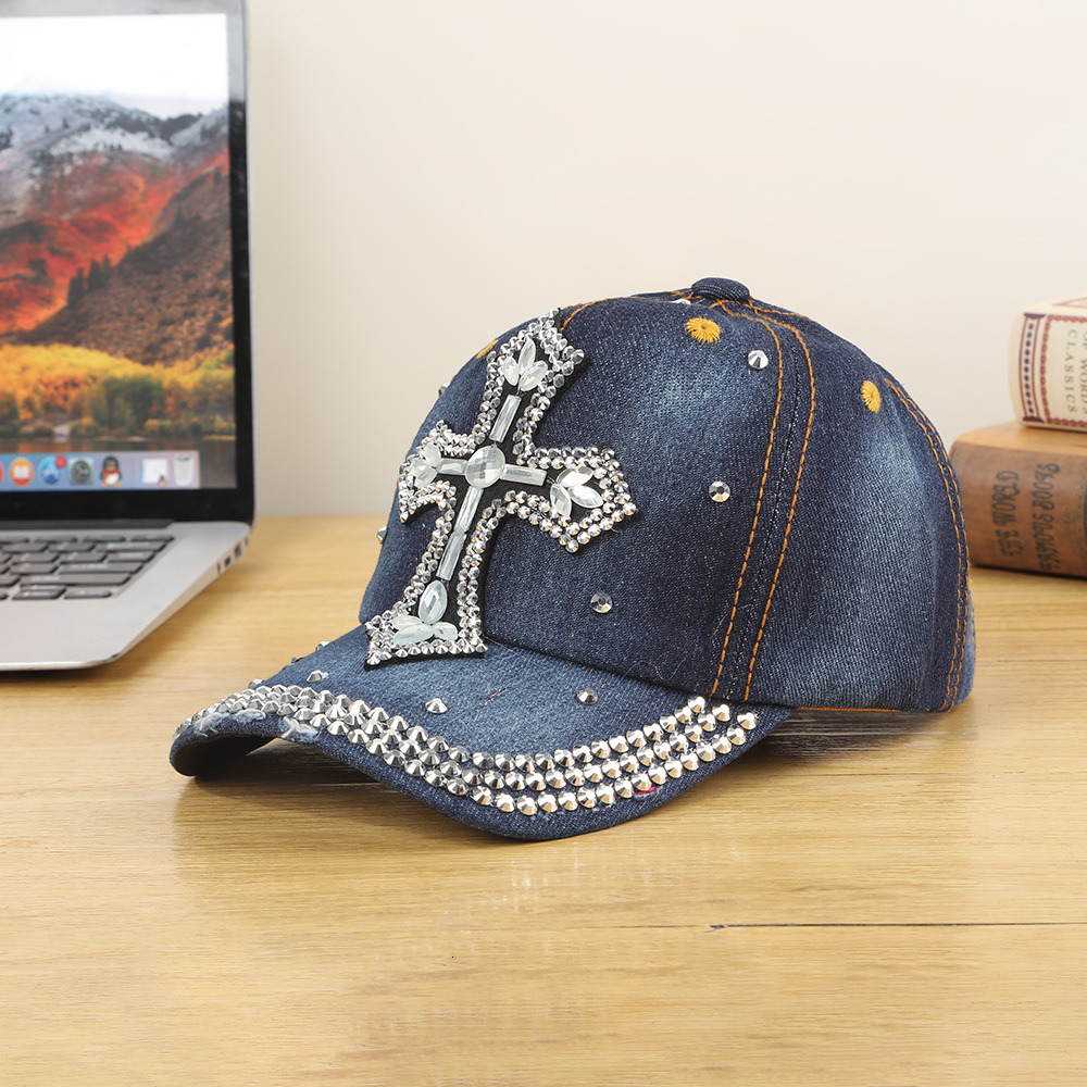 Luxury Cap Brand Designer Hat New Diamond-Studded, Sparkling Cross-Design Baseball For Women, Korean Style, Denim Fabric, Outdoor Sun Hat, Rhineston