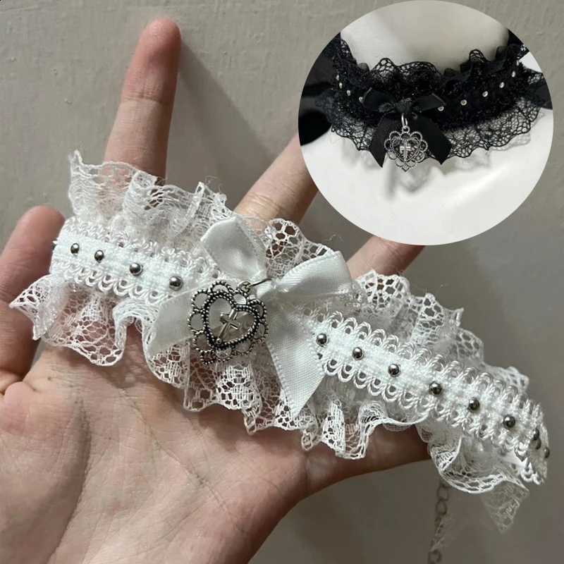 Punk Lolita Bow Cross Heart Choker Necklace Gothic Black White Lace Necklace Vintage Y2K Elastic Girls Cosplay Collar Jewelry Q260916