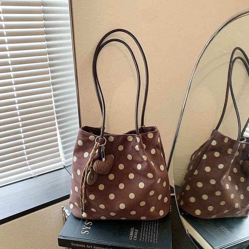 Korean Style Dot Faux Suede Tote Bag for Women with Large Capacity for Daily Work Commuting Fashion Versatile Shoulder Bag 260917