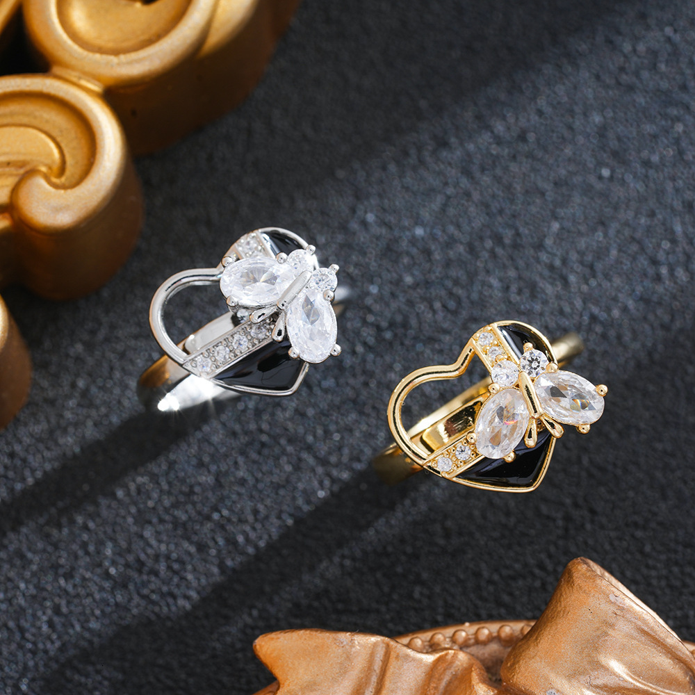 Black Heart Rotatable Butterfly Ring, 18K Gold-Plated, Cubic Zirconia, Unique Design, Wholesale