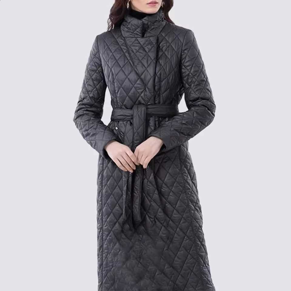 Ladies' Long Cotton Coat Winter Fashion Solid Color Elegant Belted Lapel Long Sleeve Plaid plus Size Women Coats H260917