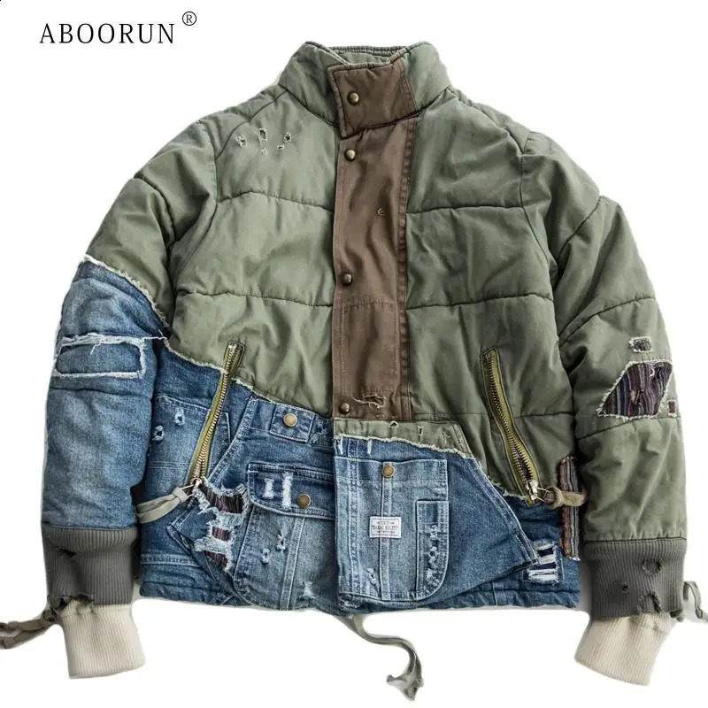 ABOORUN Men's Hi Street Hole Patchwork Denim Jacket Streetwear Thick Down Cotton Jean Coat for Male 260917