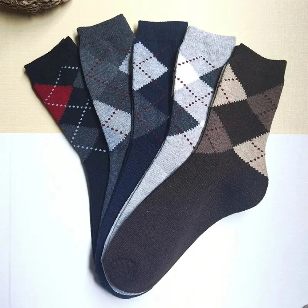 5 Pairs Men's Splicing Diamond Patterns Wool Warm Winter Mid Length Thickening Soft Cold-resistant Men Boots Socks J260918