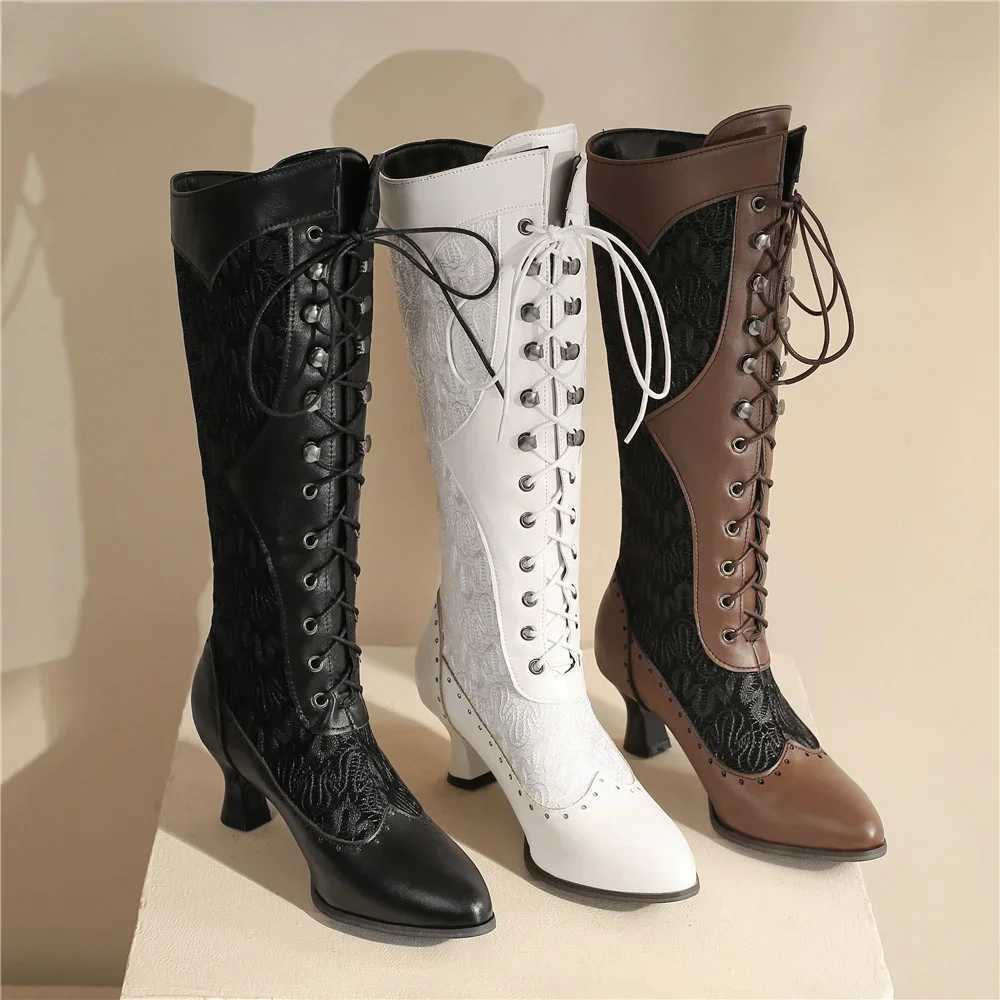 Women Victorian Pointed Toe Mid-Calf Boots Leather Lace Hollow Out Punk Lace Up Strange Steampunk High Heel Shoes Plus Size32-43 D260917
