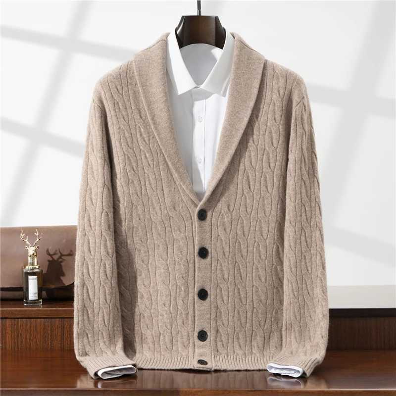 Warm and cozy skin-friendly 100% wool cardigan for autumn and winter men's jacket green fruit collar thickened casual sweater S2609189T9J