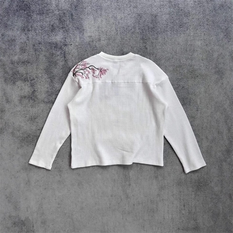 Deeptown White Cherry Blossom Embroidery Man Women T-Shirts Long Sleeve Oversized Waffle Tees Basic Harajuku Casual Streetwear 260917ww