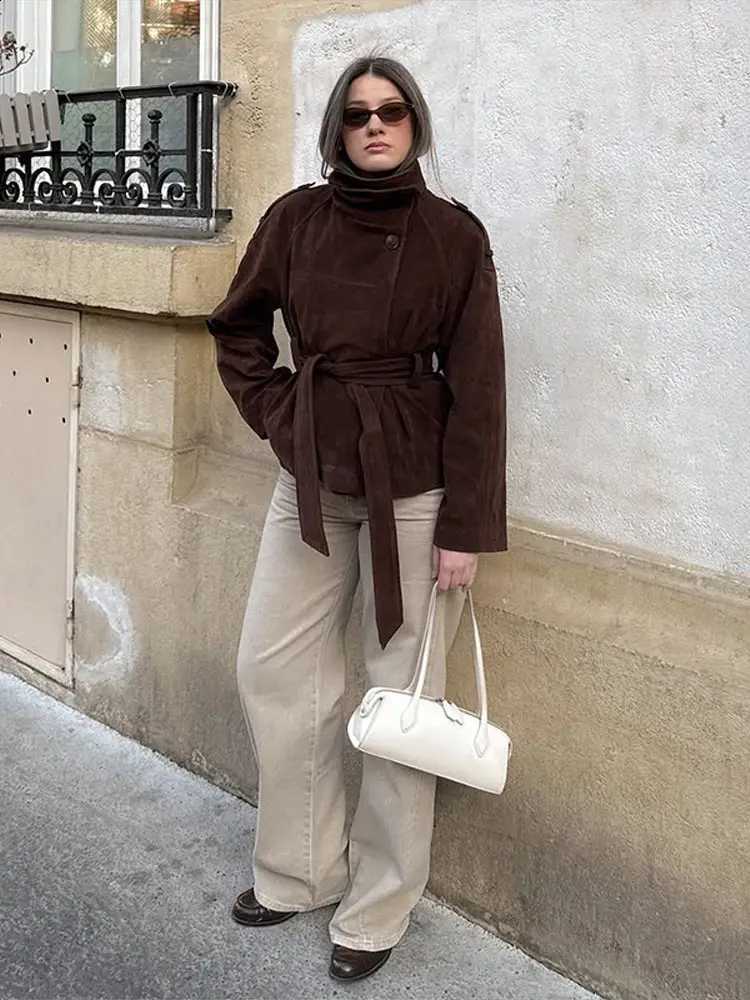 Women Soft Suede Commute Coat Long Sleeve High Neck Tie Waist All-match Cinched Slim Autumn Winter Coats 2026 Fashion Jackets C260917