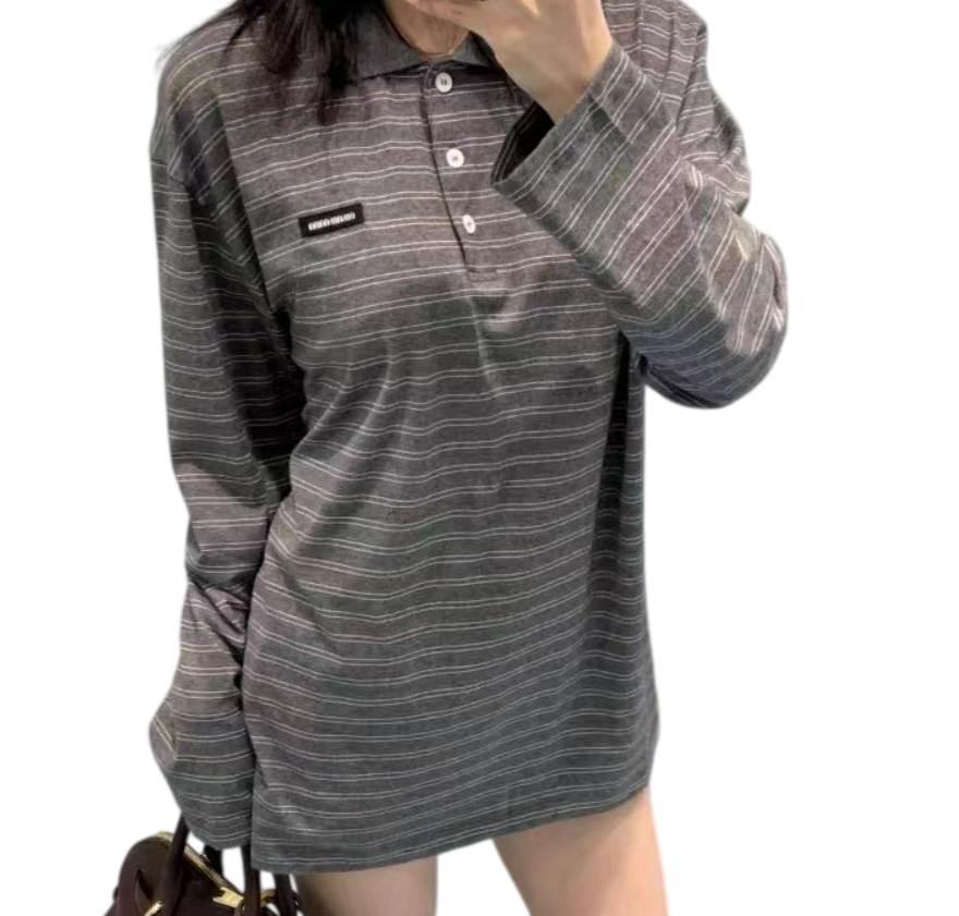 Classic Brand Women Cotton T-shirts Embroidered Letter MM College Style Grey Striped Shirt Round Neck Long Sleeve Loose Tees Couple Bottom Shirt Top