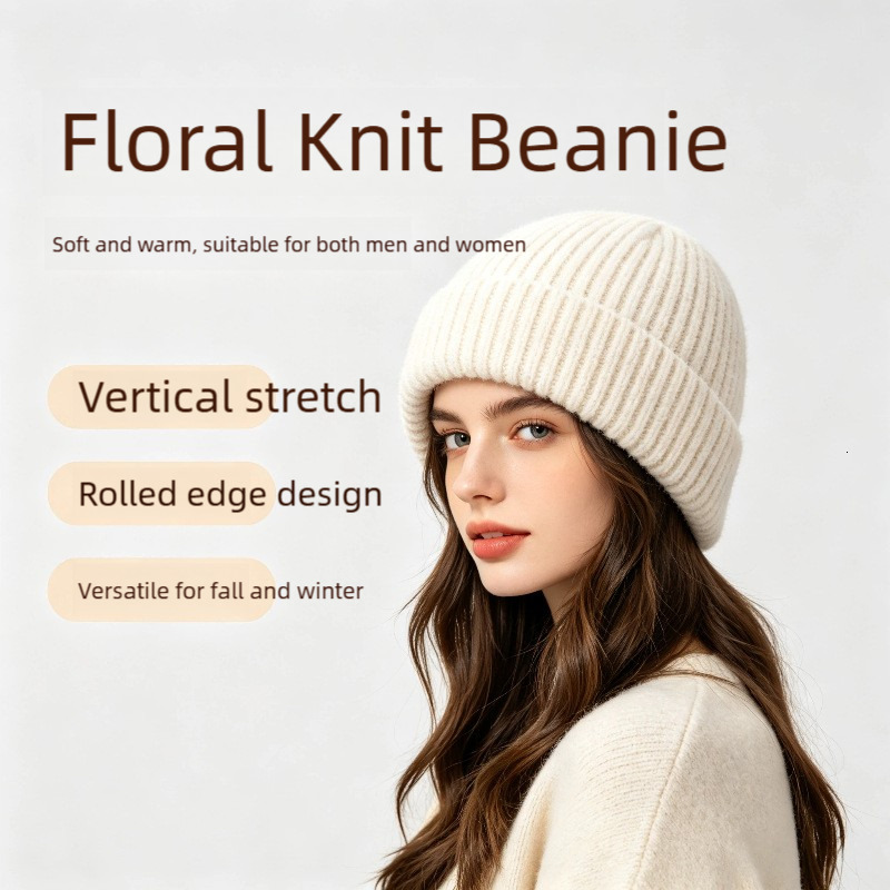 Autumn Winter Floral Velvet Knitted Thickened Warm, With A Folded Brim, Solid Color, Stylish And Casual, Men's Warm Ear-Covering Hat, Wholesale