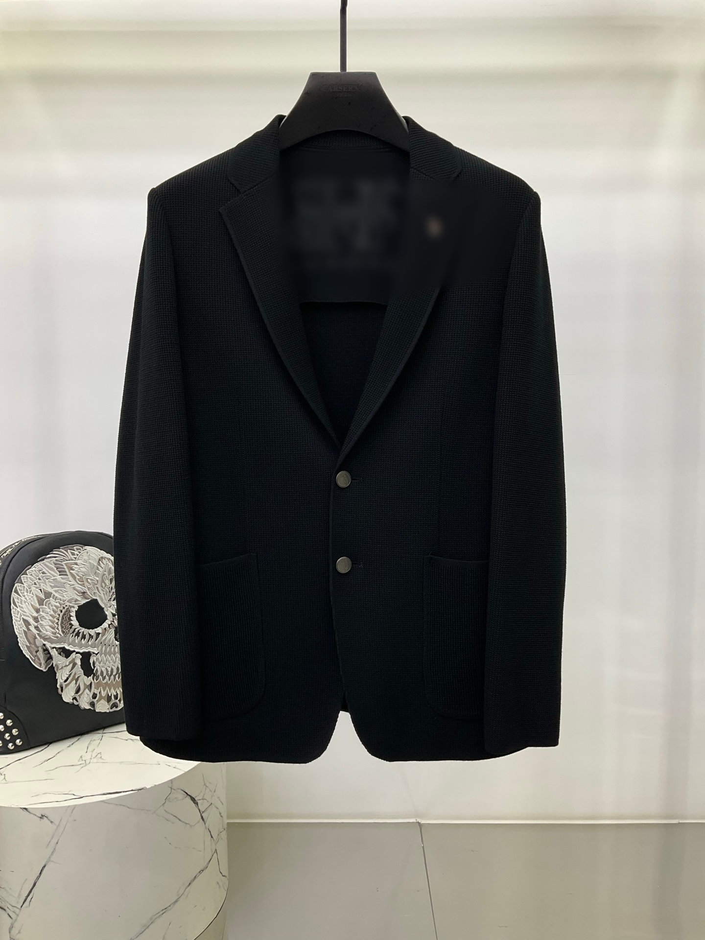 Waffle Textured Knitted Sport Coat For Men Solid Black Notch Lapel Two Button Relaxed Fit Blazer Jacket Patch Pockets Soft Lightweight Smart Casual