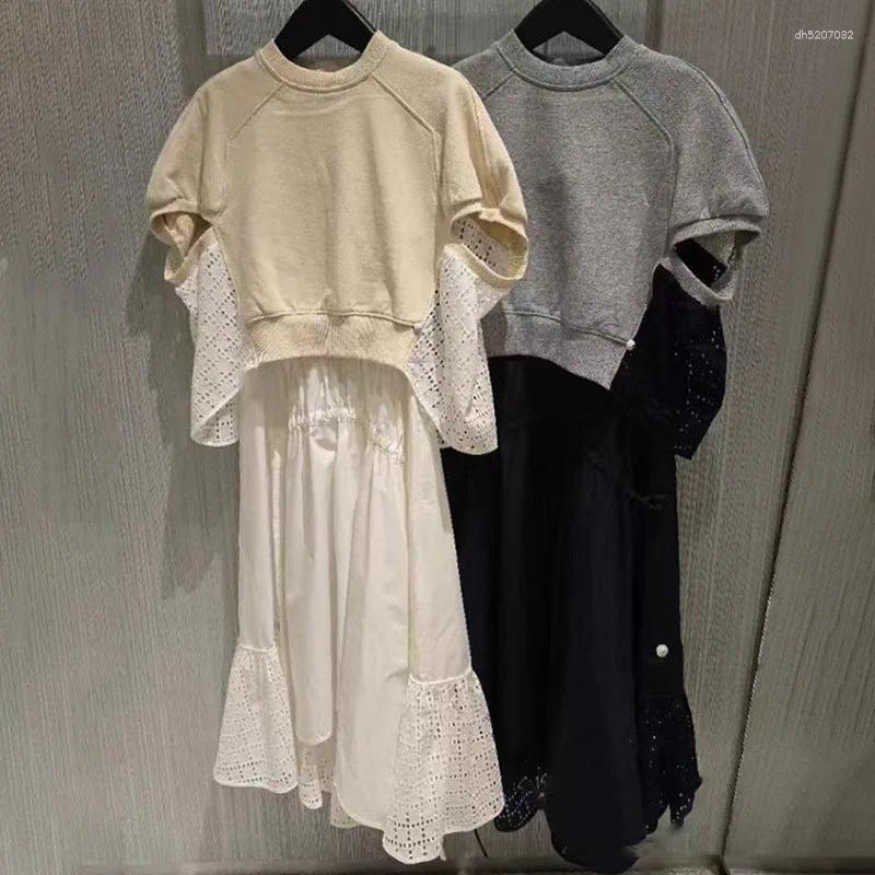 Summer Style Round-neck Open-Weave Embroidered Patchwork Short-Sleeved Long Dress Small-Scale Two-Piece Set