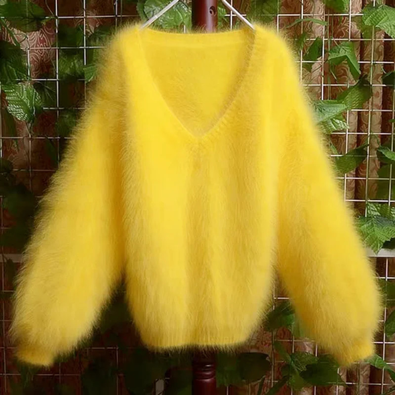Women Mujer Autumn Winter Clothing Hairy Plush Mink Cashmere Knitted Three Quarter Sleeves O-Neck Loose Pullover Sweater Jumper 260917