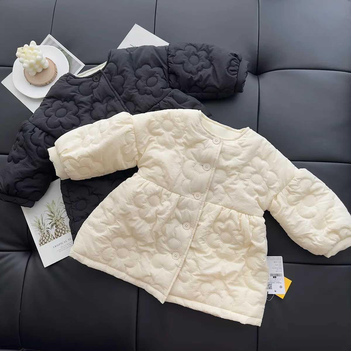 Girls Winter Coat Rust Floral Mid-Length Cotton Jacket with Puff Sleeves Korean Princess Style for ToddlersQ260917