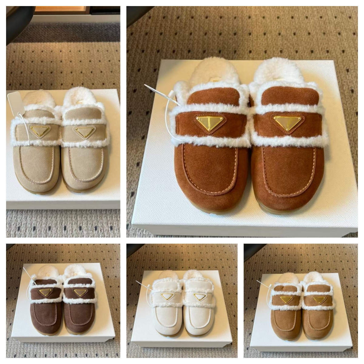 Women Closed Toe Mules with Warm Fleece Lined Winter Lining Suede Slippers Triangular Metal Accents Flat Non Slip Casual Slippers Indoor and Outdoor