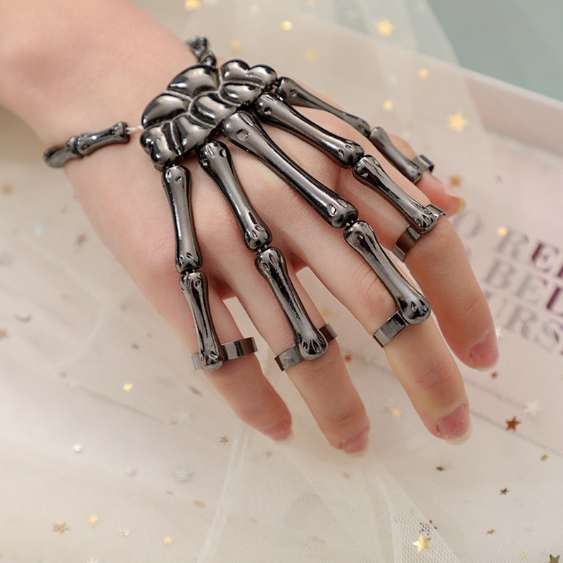 Skull Hand Finger Bracelet Stainless Steel Halloween Retro Gothic Adjustable Jewelry for Men Women Party