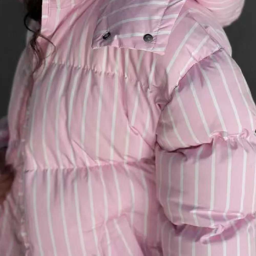 New Winter Fashion Women Pink Stripes Zip Up Bread Parka Coat For Woman Removable Hat Hooded Long Sleeve Outerwear H2609171