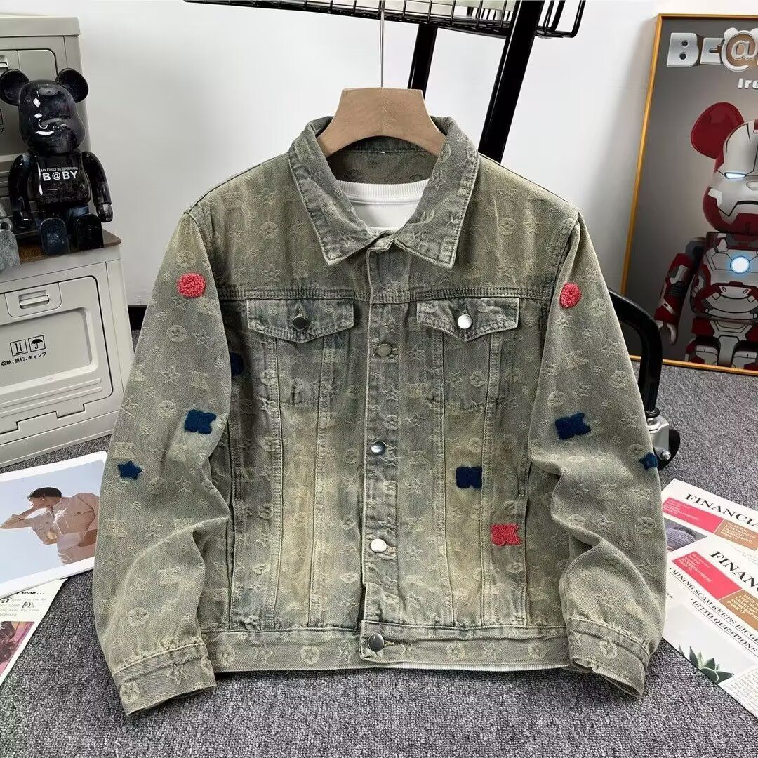 American-Style High-Street Retro Denim Jacket, Men's Hip-Hop Casual Loose-Fit Versatile Couple's Cardigan With Towel Embroidery
