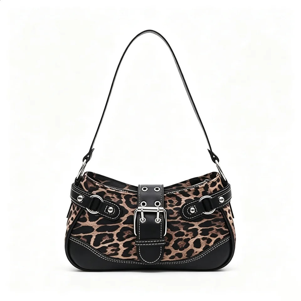 Y2K Leopard Print Underarm Shoulder Bag For Women Retro Buckle Splicing PU Leather Baguette Handbag Trendy Ladies Street Hobo Purse Daily Party 2609