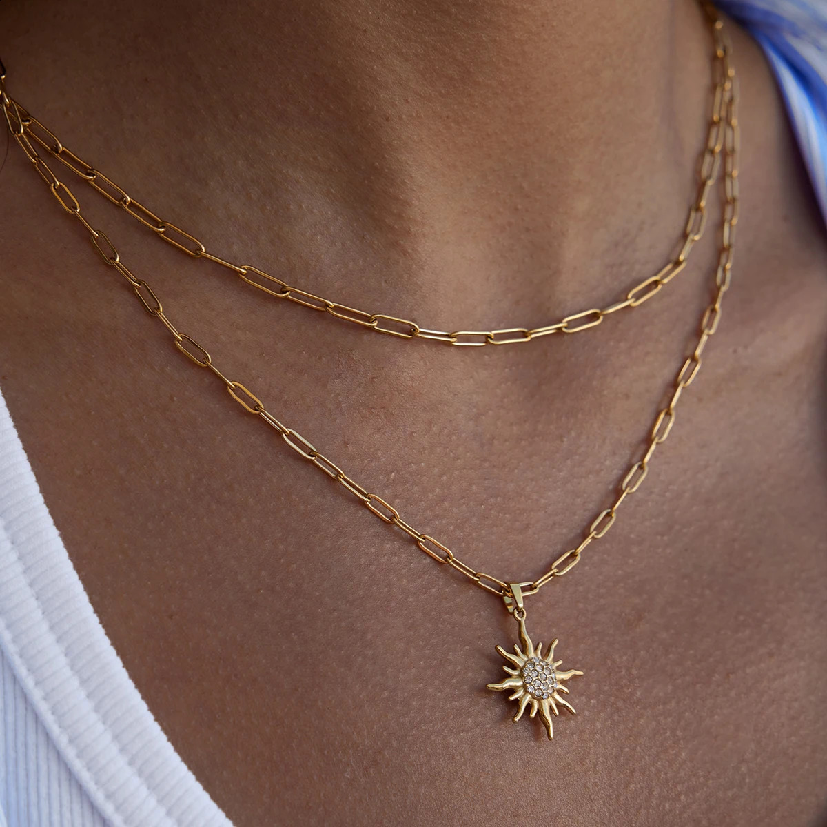Uworld Unique er 18K Gold Color Plated Stainless Steel White Rhinestone Sun Pendant Necklace Stackable Multi Layer Necklac 260917
