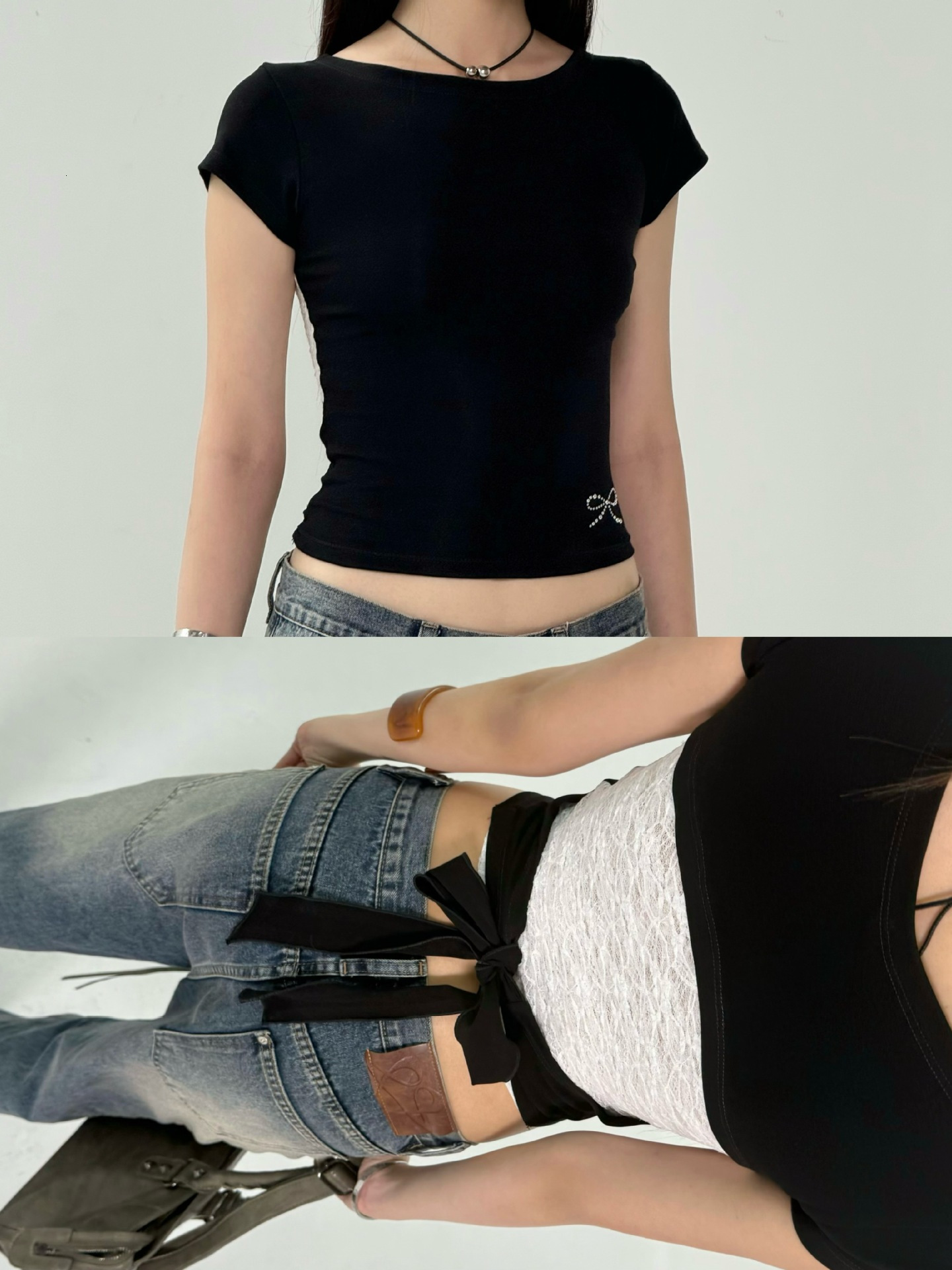 Cross-border Korean-style minimalist Y2K slim-fit T-shirt with bow tie detail on the back, lace cutouts, and a cropped, short-sleeved design 40
