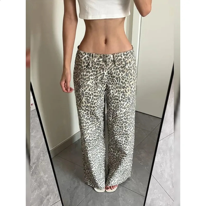 American Women Retro Leopard Print Loose Casual Straight Wide Leg Jeans High Street Y2K Pattern Printed Washed Baggy Jeans 260917