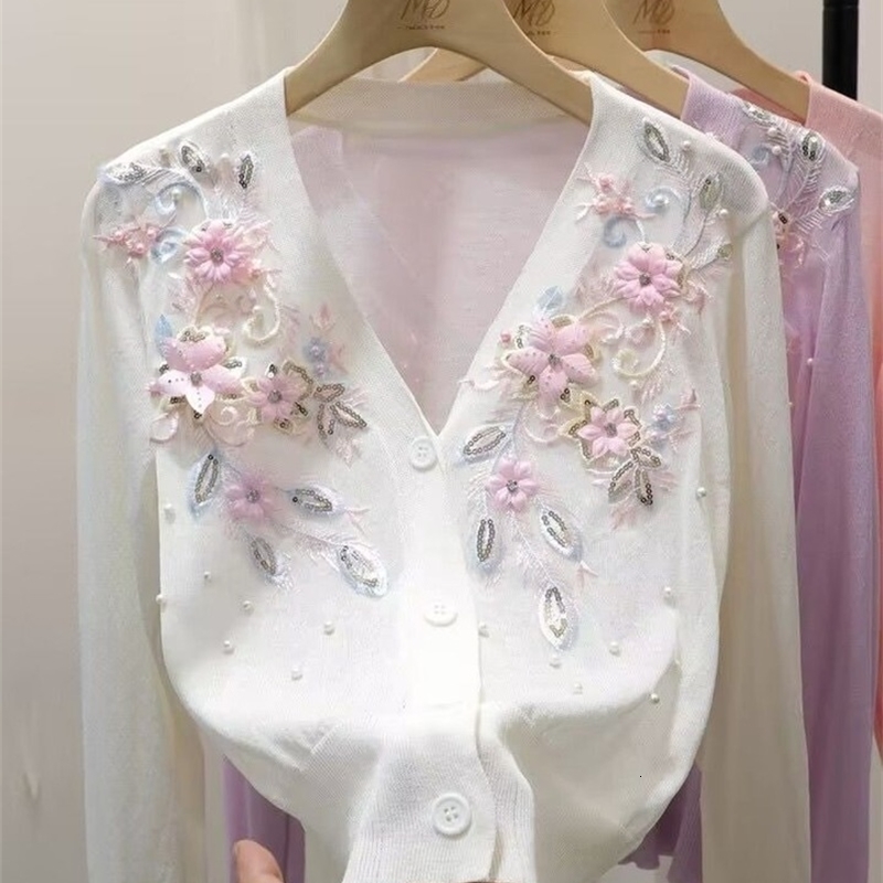 Women Sweater Spring Autumn Cardigans V-neck Beading 3d Flower Embroidery Lady Knitwear Tops Korean Fashion Cardigan 260917