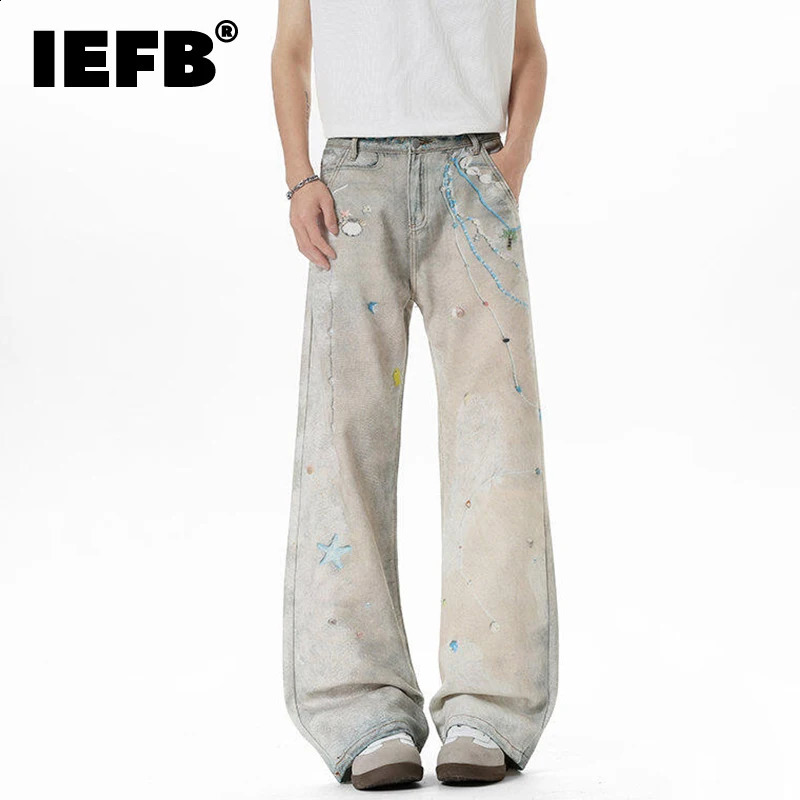 IEFB American Style Mens Fashion tides Jeans High Street Pearl Printing Straight Wide Leg Male Denim Pants Summer 9W3594 260918