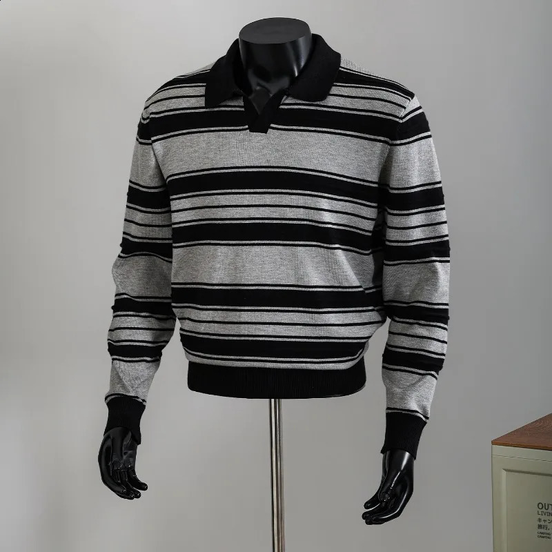 Autumn Casual Sweater for Men Seagull Collar Striped Longsleeved Knitted Shirt Versatile Business Social Office Polo Shirts 260918