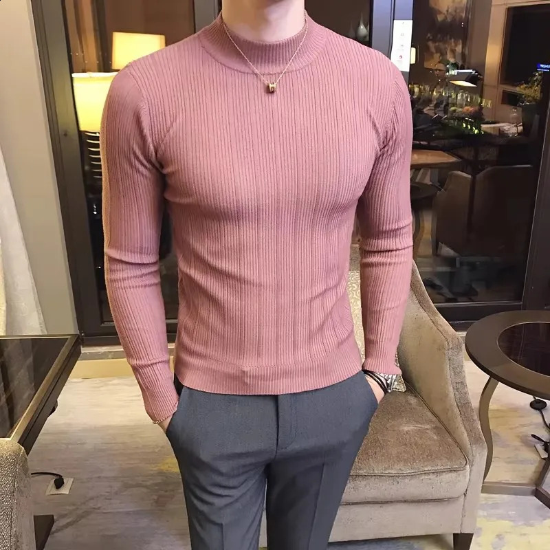 Autumn and Winter Style Boutique Fashion Striped Stretch Comfort Mens Casual Turtleneck Sweater Solid Color Knitted Slim 260918