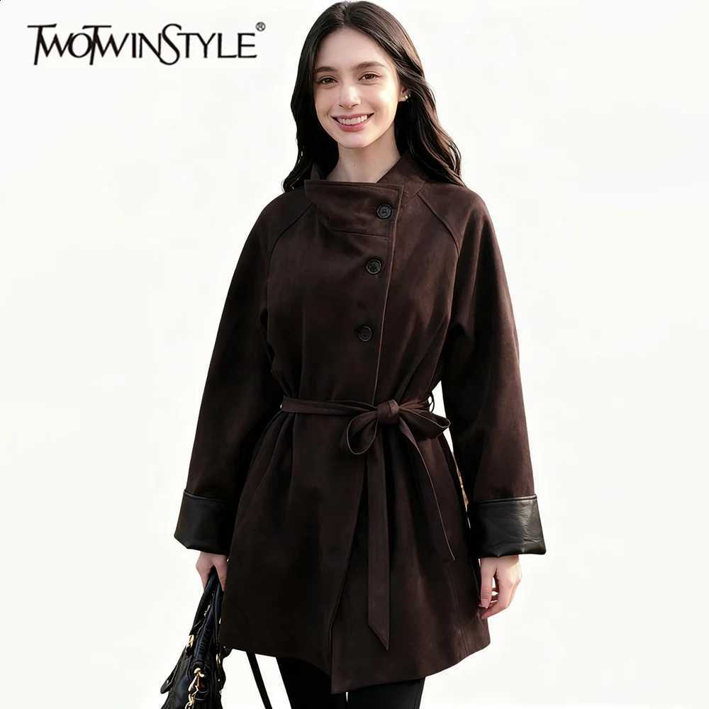 Solid Spliced TWOTWINSTYLE Leather Fashion Trenchs for Women Stand Neck Long Sleeves Patchwork Lace Up Trench Female Autumn New C260917
