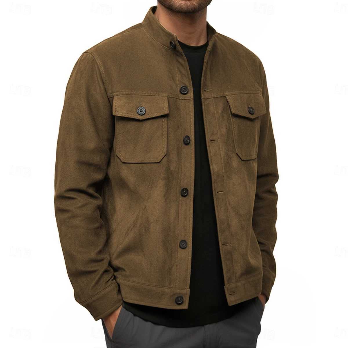Men's Casual Suede Jacket Stand Collar Button Up Military Style Coat Multi Pocket Solid Color Outerwear Autumn Winter Daily Stre S260918U2TB