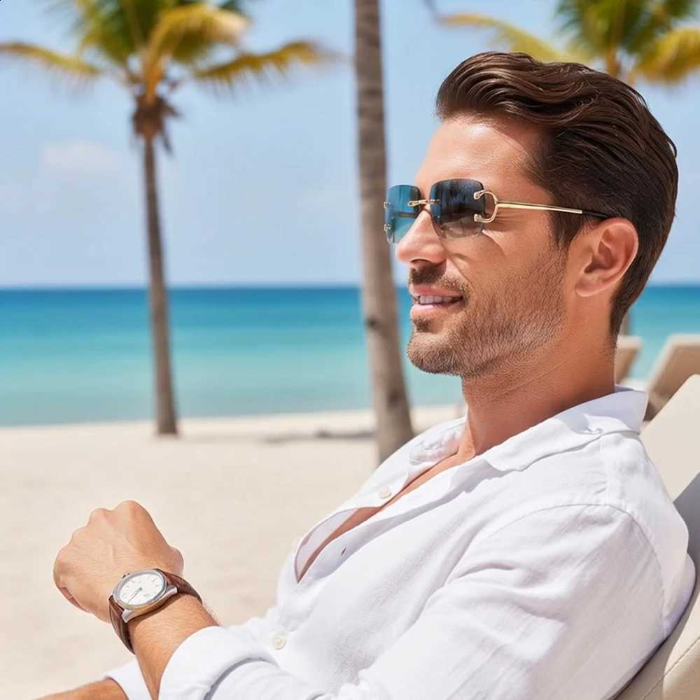 Sunglasses Rimless HBK For Retro Women Men Small Square Gold Frame Brand Design Tea Shades Rectangle UV400 Zonnebril Eyewear N260814