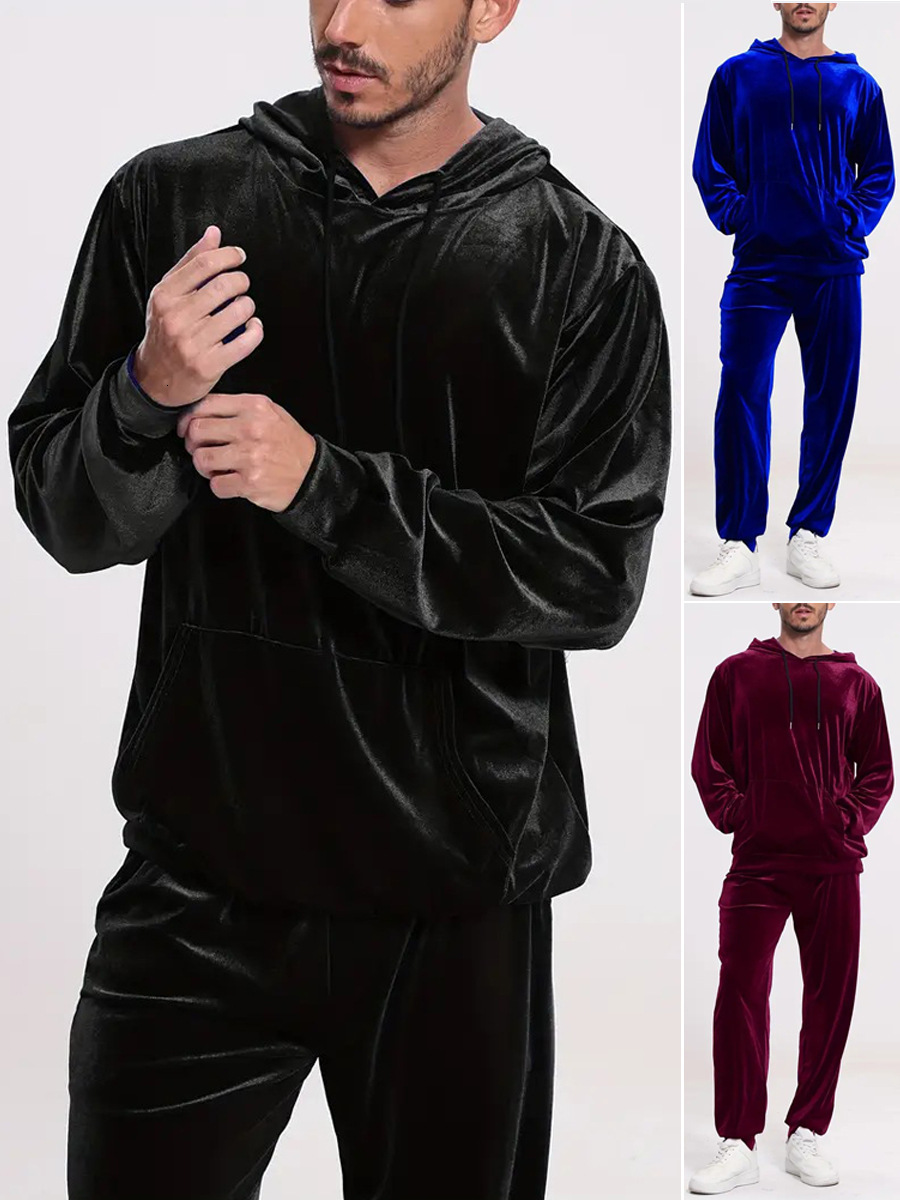 European and Cross Border Men s Solid Color Velvet Casual Set Long Sleeve Hooded Sweatshirt Jogger Pants Two Piece Set