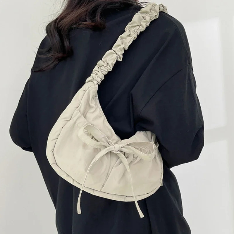 Pleated Strap Women's Sweet Bow Shoulder Bag Solid Color Female Underarm Bags Soft Nylon Ladies Portable Tote Purse Handbags 260917
