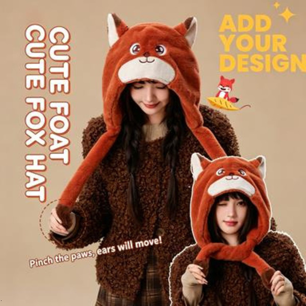 custom Winter Nick Fox Plush Warm Cute Ears Movable Thickened Fleece Ear Protection Hat cotton berets fluffy hat hats for women animal hat